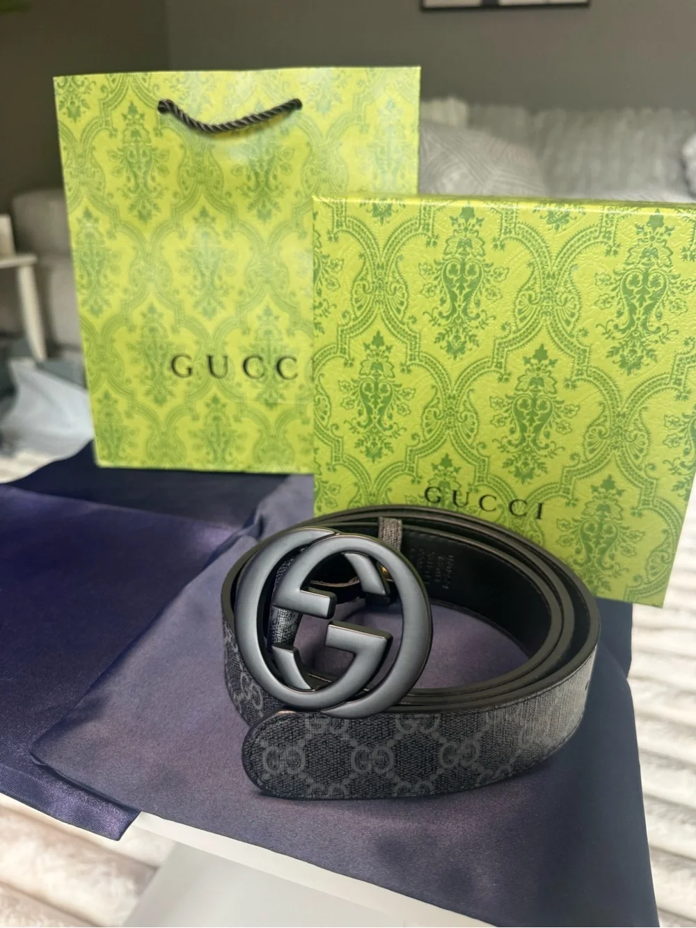 Gucci Black GG Supreme Belt Bag with Matte Black Double-G Buckle